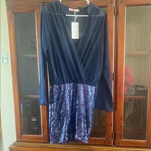 ILIA Navy Long-Sleeve Sequin Skirt Wrap Dress